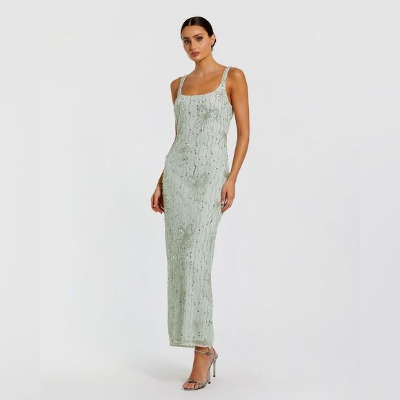 MAC DUGGAL 94129 Green Beaded Mesh Scoop Neck Fitted Gown With Bows - Picture 2 of 13